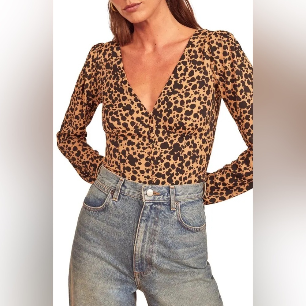 Reformation | Women's Nell Long Sleeve Button Front Blitz Leopard Top Size XL